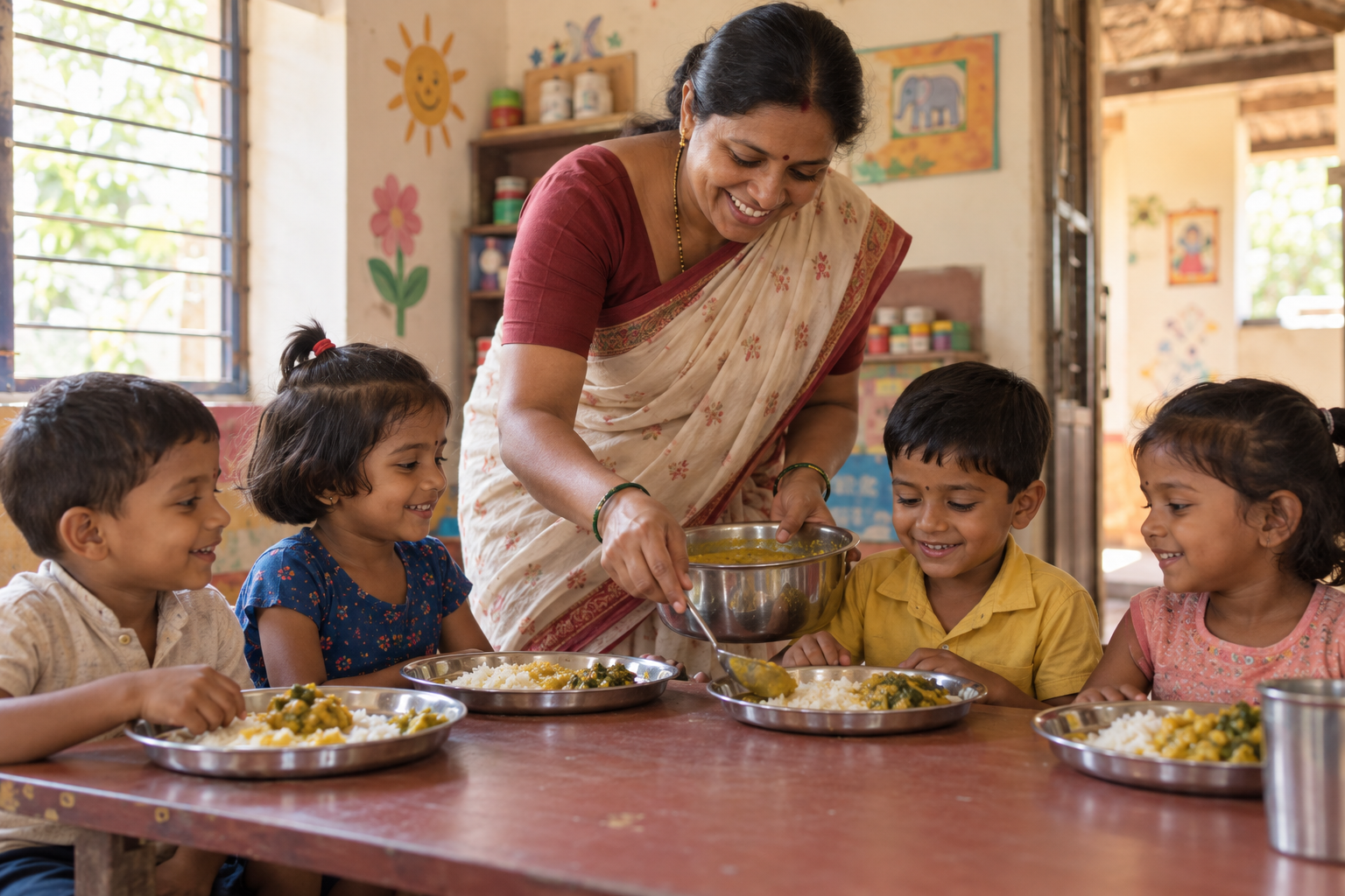 AI illustration of a caregiver serving a cooked meal to children at an Anganwadi-style preschool