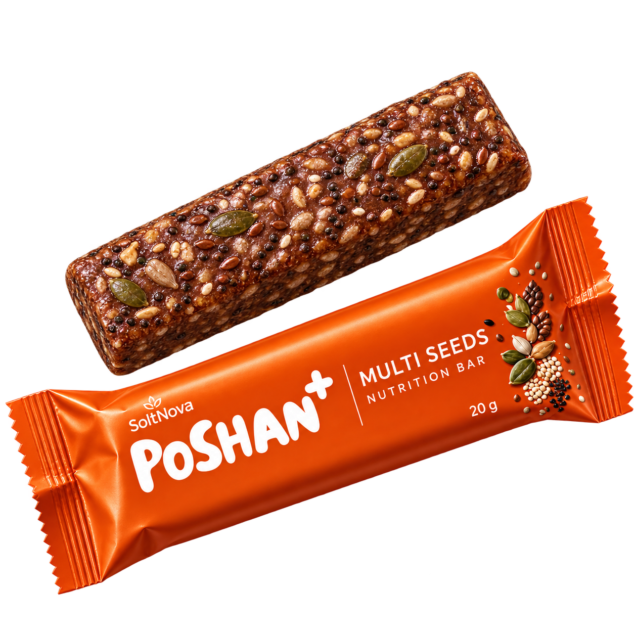 Illustrative unwrapped multi-seed bar beside the orange POSHAN+ 20 g packet