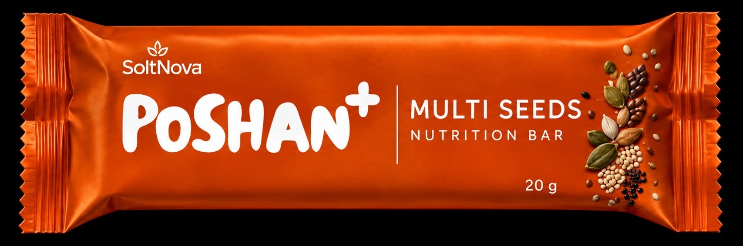 SOLTNOVA POSHAN+ Multi Seeds Nutrition Bar wrapper artwork, 20 g